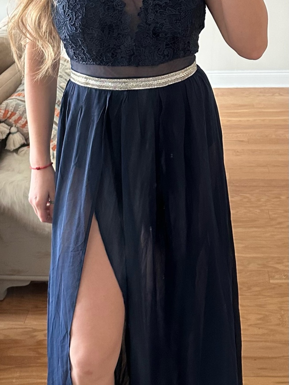 Navy Lace Overlay Dress with Beaded Waist